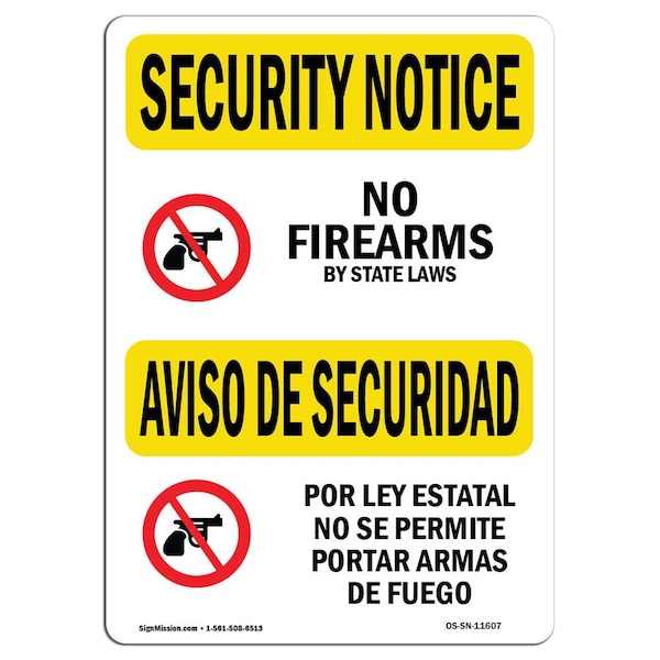 OSHA Security Sign, 3.5" Height, 5" Width, No Firearms By State Law Bilingual, Landscape, 10PK